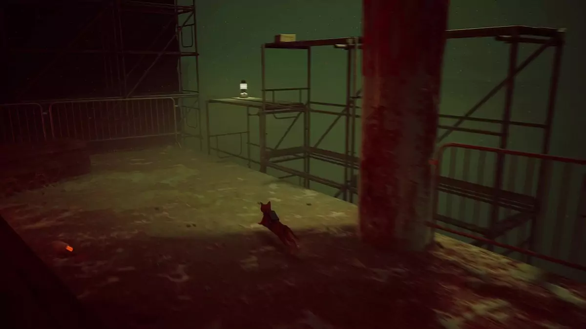 The Stray cat running towards a scaffolding in the Rooftop.