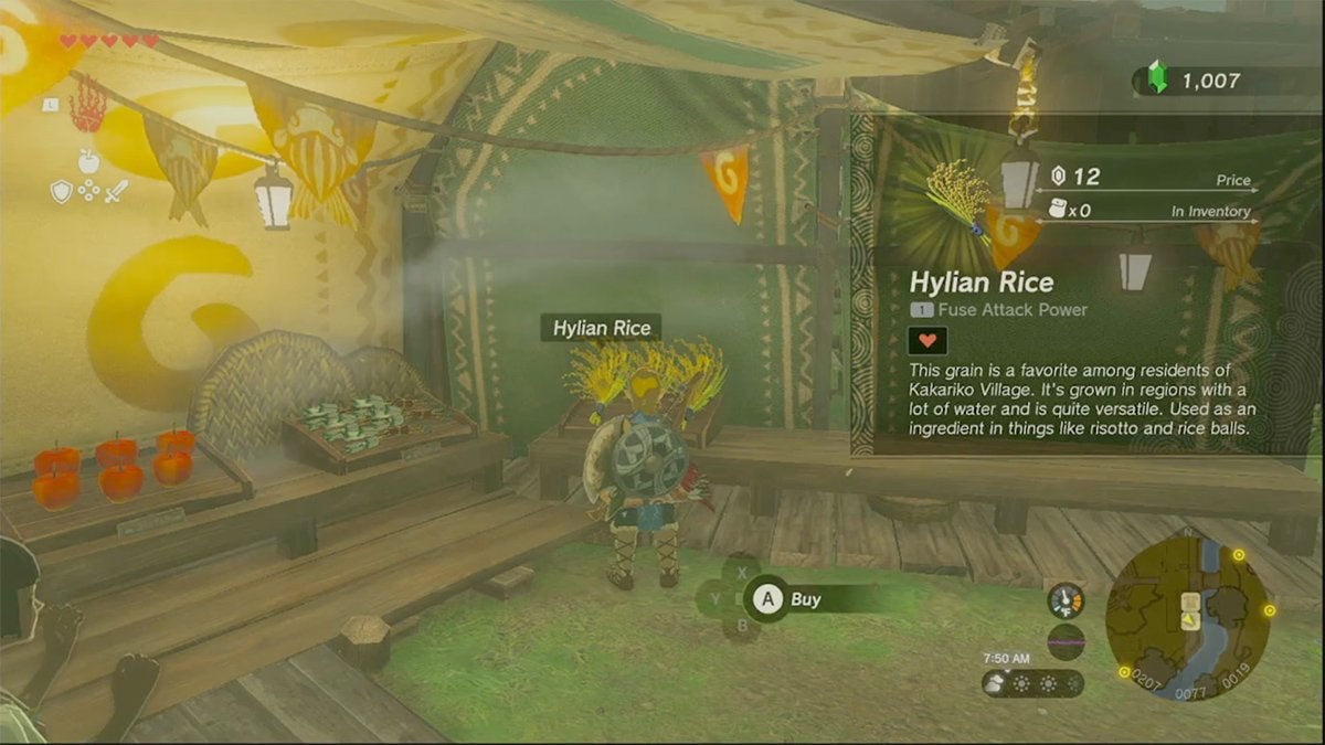 Link about to buy Hylian Rice in Lookout Landing.