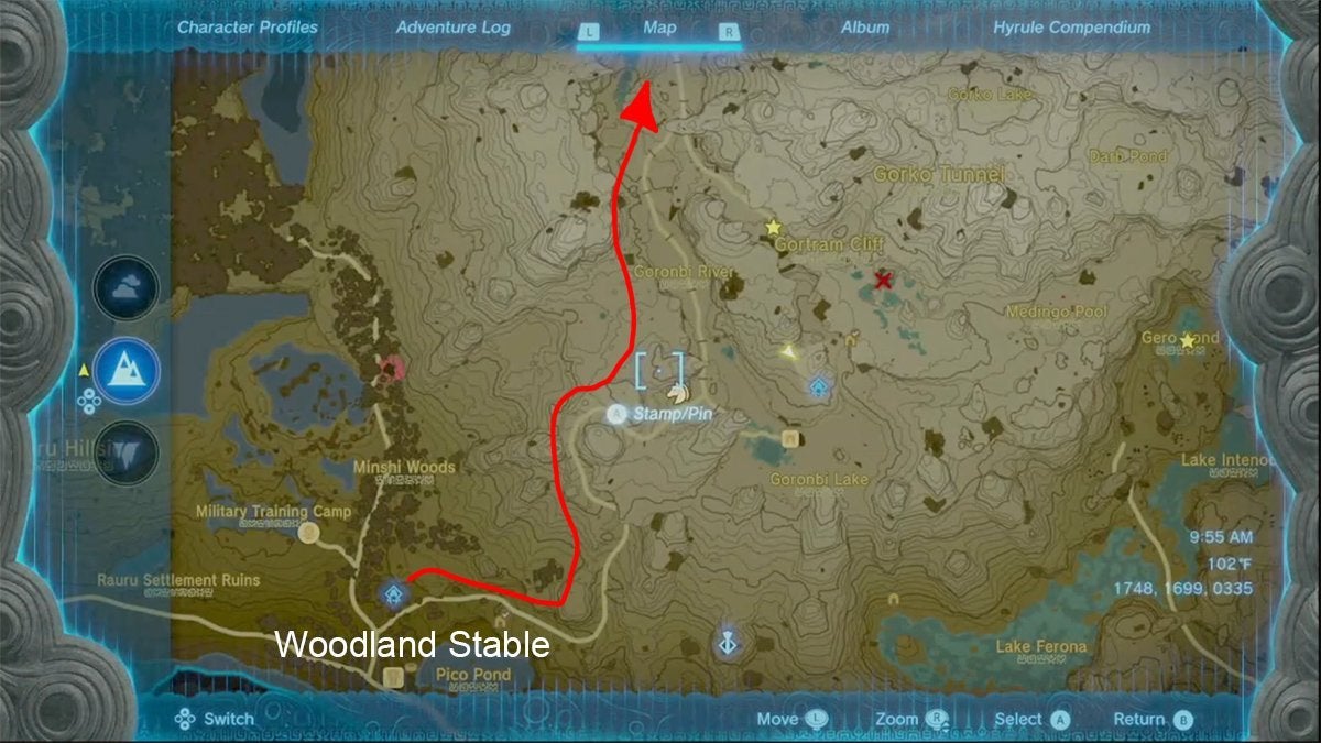 Red arrow pointing from Woodland Stable to Goron City on the map of The Legend of Zelda: Tears of the Kingdom.