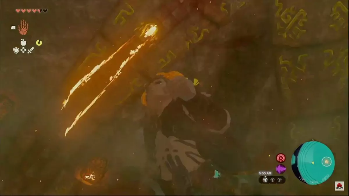 Yunobo smashing the marbled rock on the ceiling of the boss room.
