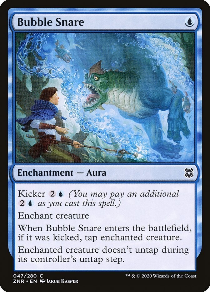A blue enchantment card from Magic: The Gathering that enchants and taps an opponent's creature.