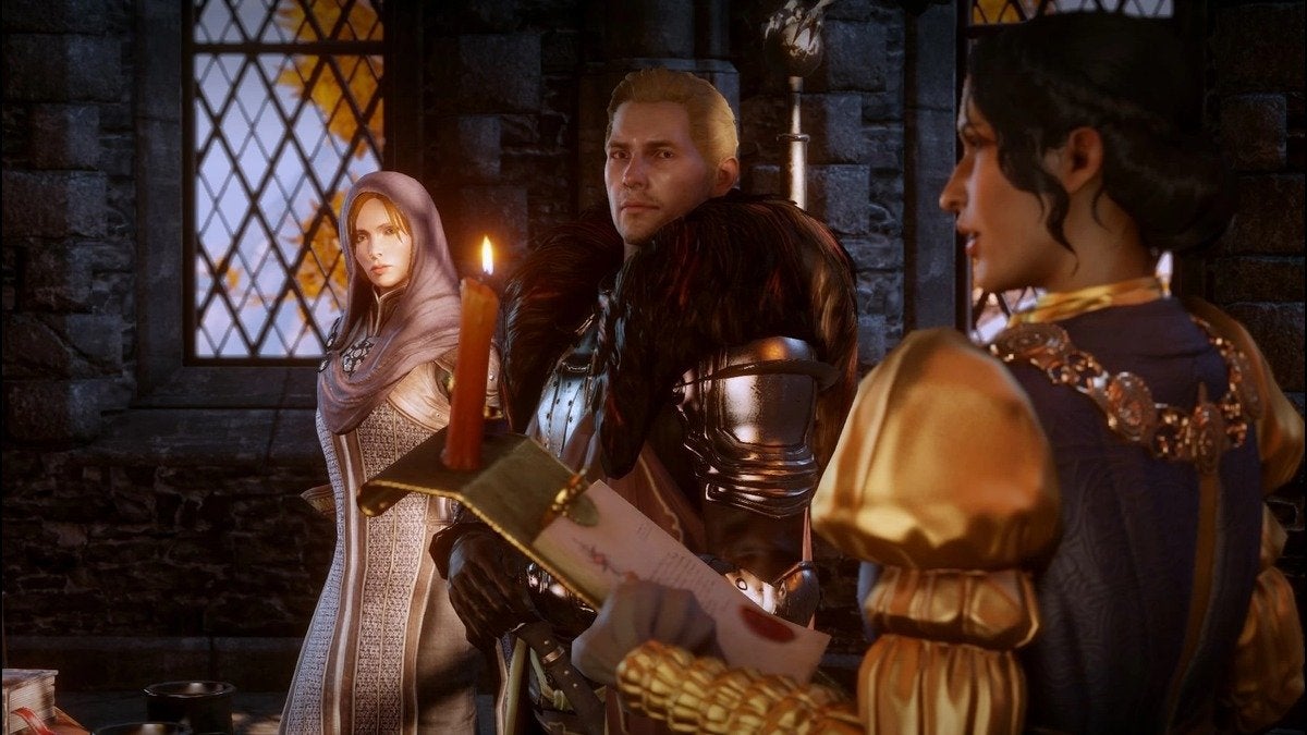 Your three advisors in Dragon Age: Inquisition--Leliana, Josephine, and Cullen.