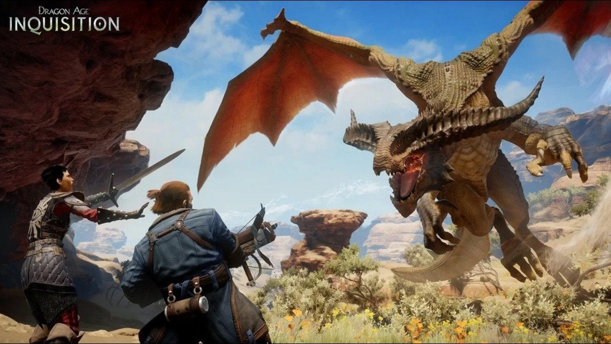Cassandra and Varric trying to defend themselves from a high dragon in Dragon Age: Inquisition.