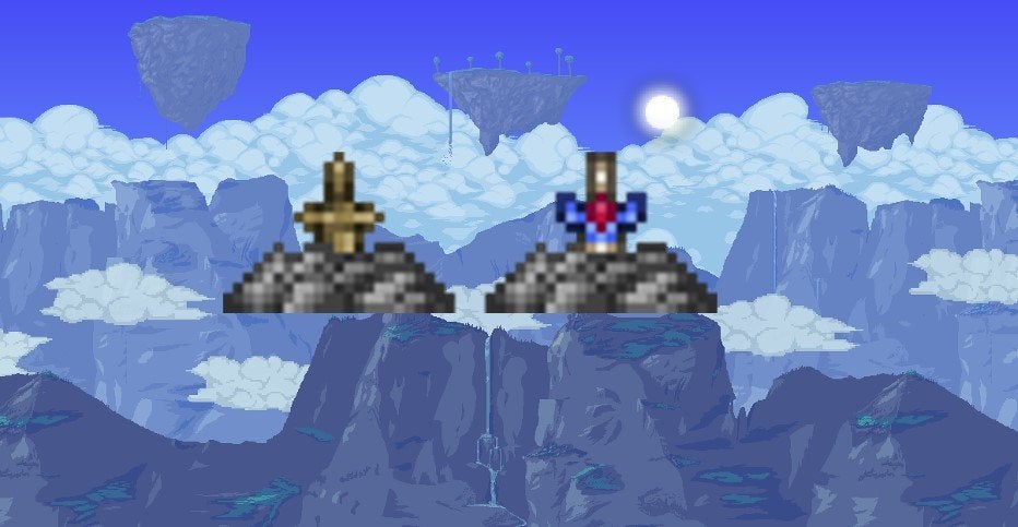 The difference between an Enchanted Sword Shrine and a Gray "Junk" Sword Shrine in Terraria.