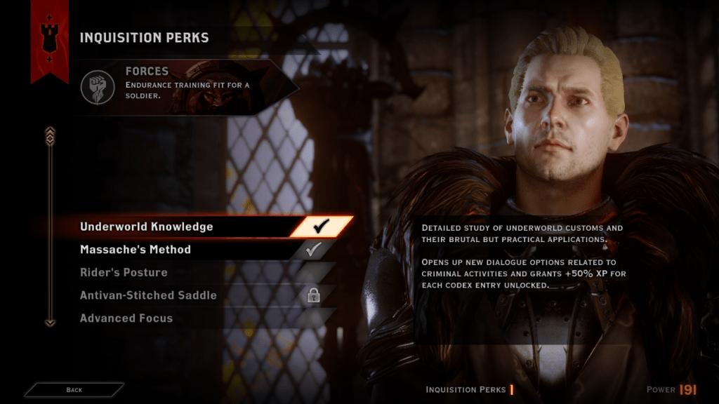Cullen, the Inquisition's military advisor, in Dragon Age: Inqusition offering Forces Inquisition Perks.