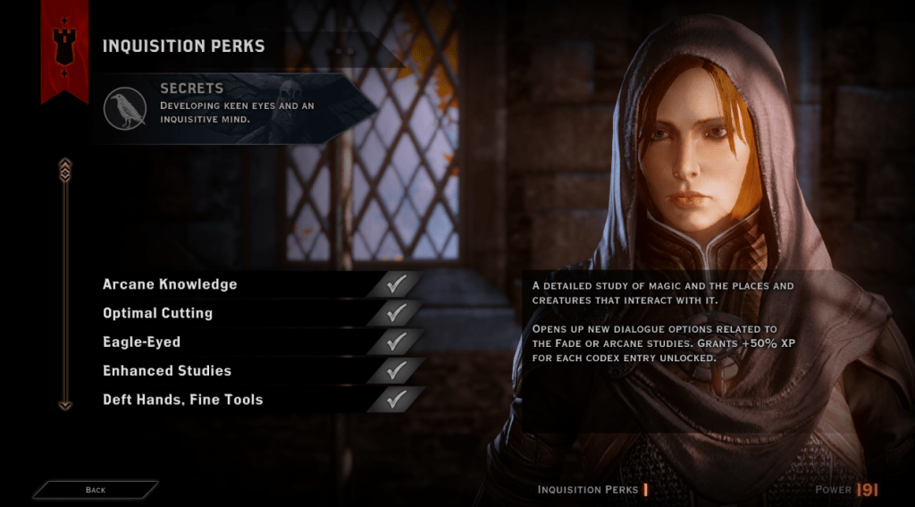 Leliana, the Inquisition's spymaster in Dragon Age: Inquisition, offering Secrets Inquisition Perks.