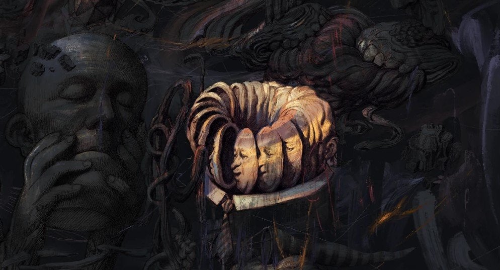The artwork symbolizing the Jamais Vu thought in Disco Elysium, with several faces arranged in a circle.
