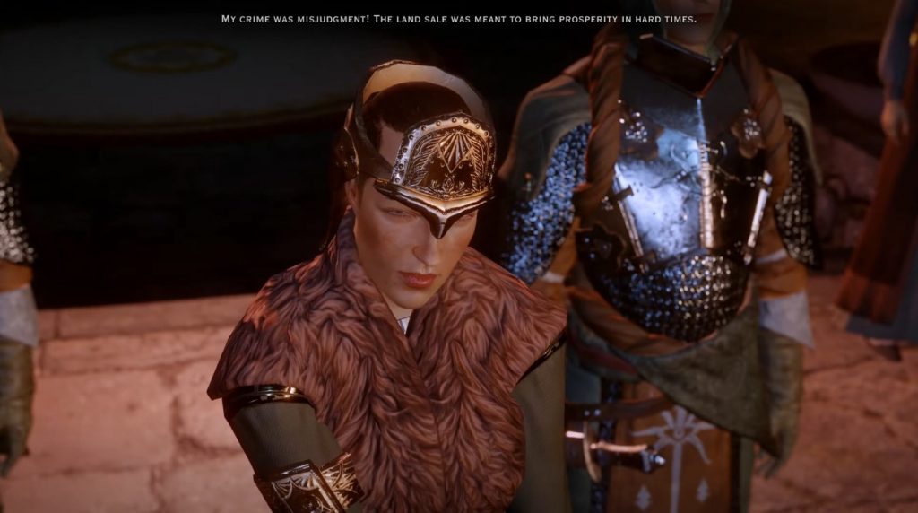 Mistress Poulin being judged in Dragon Age: Inquisition.