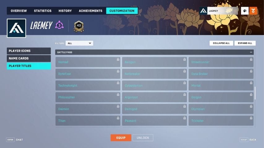 The Overwatch 2 Career Profile screen showing Battle Pass Player Titles.