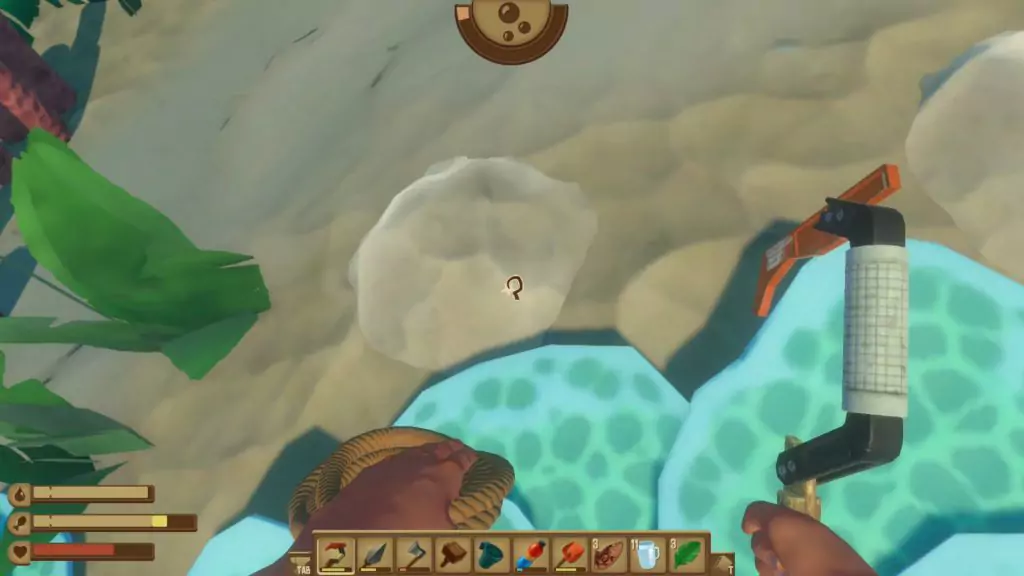 Using the Hook to gather Sand in the game Raft.