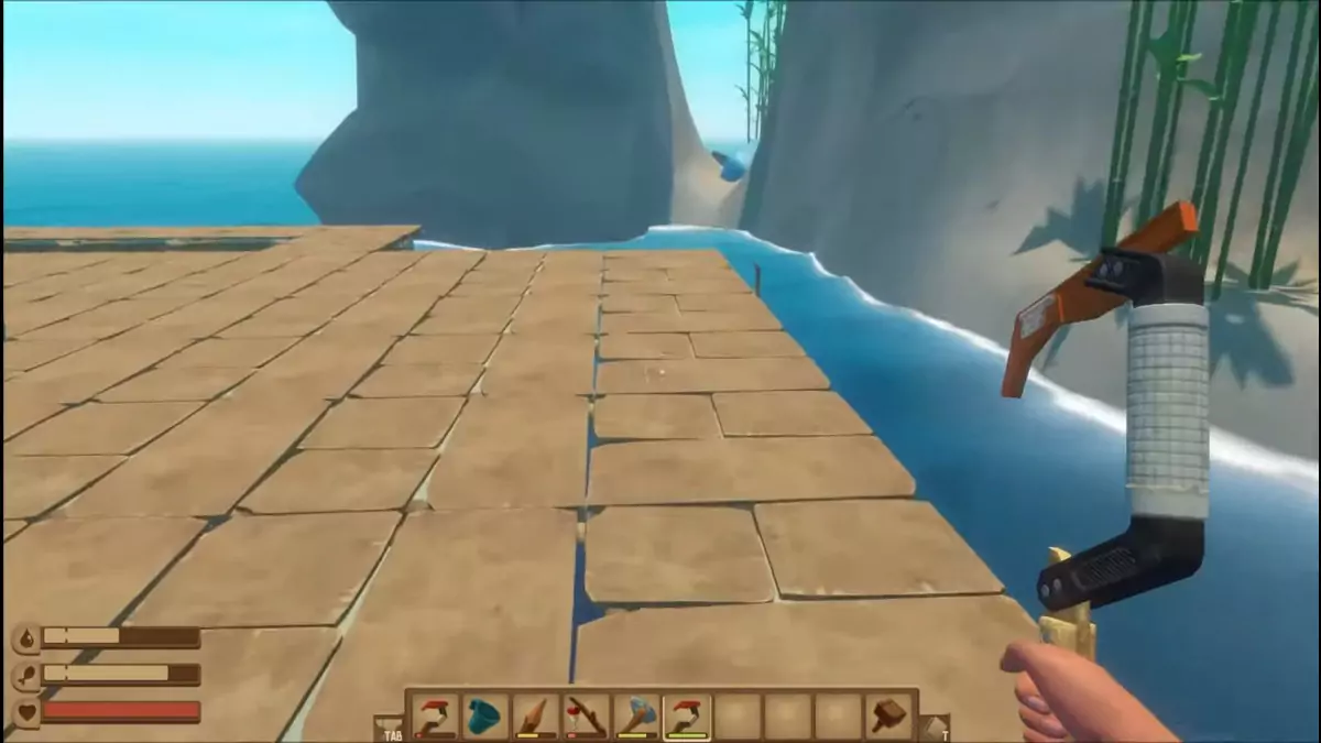 Holding a plastic hook in Raft before searching for Sand.