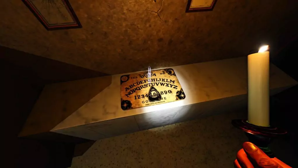 Approaching a Ouija Board with a candle in Phasmophobia.