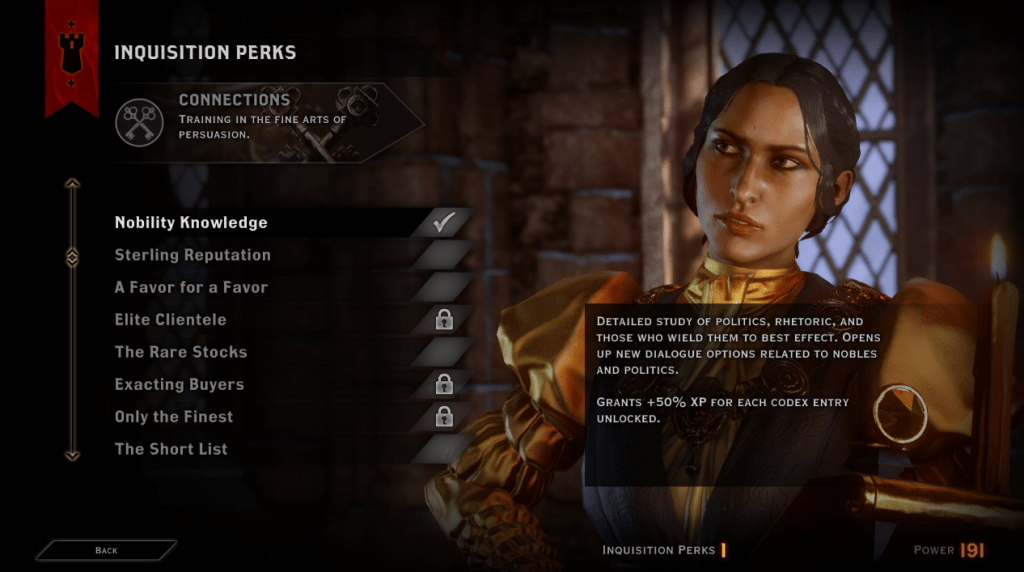 Josephine, the lead diplomat of the Inquisition in Dragon Age: Inquisition, offering Connections Inquisition Perks.