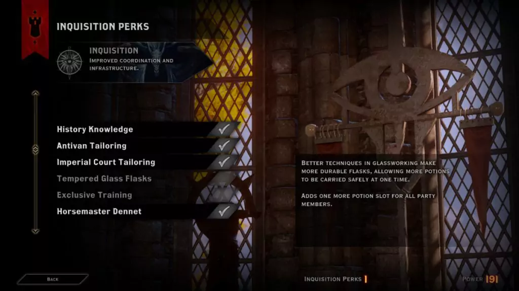 A list of Inquisition perks in the war room.