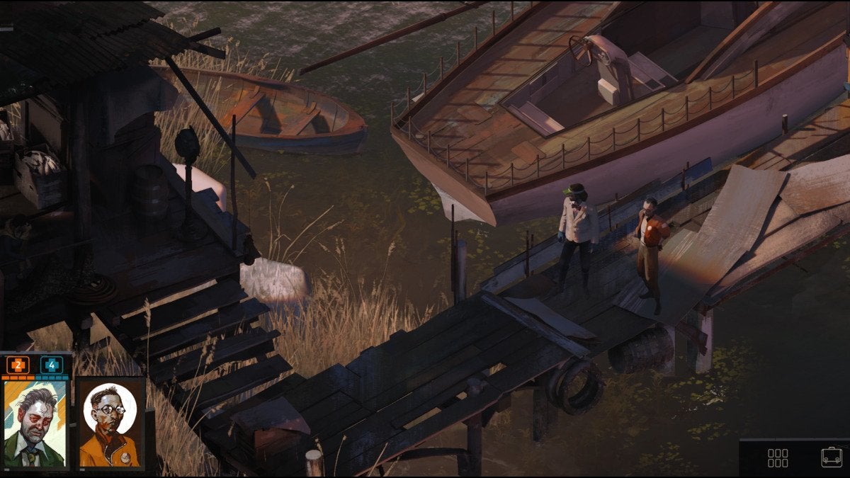 The two main characters from Disco Elysium, Harry and Kim, on the dock.