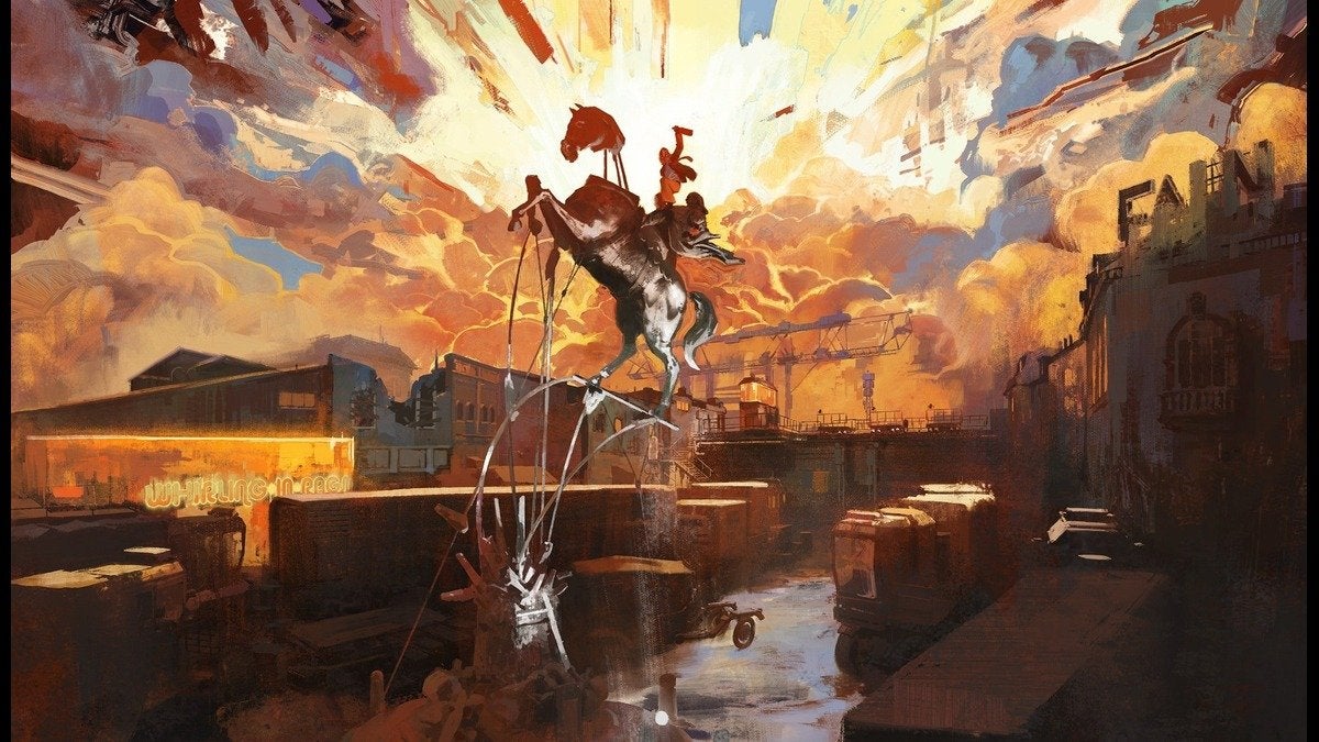 A piece of concept art for Disco Elysium showing the triumphant horse statue in the center of the town square.