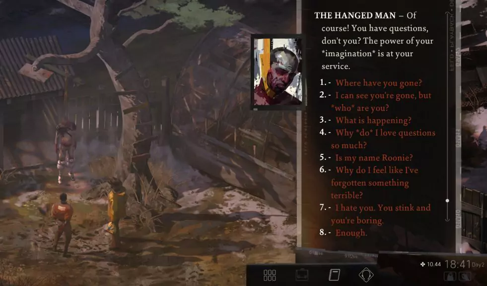 Harry talking to the Hanged Man in Disco Elysium.