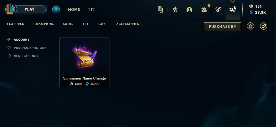 Summoner Name Change option in LoL Store