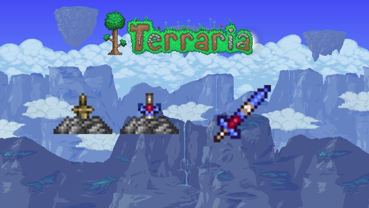 A gray Sword Shrine, an Enchanted Sword Shrine, and an Enchanted Sword in Terraria.