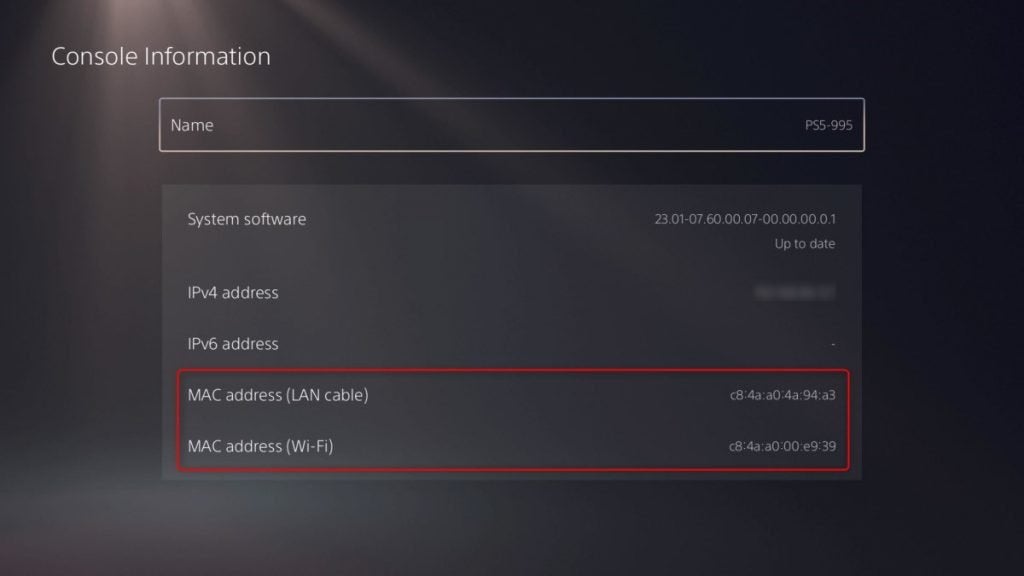 The MAC address on a PS5.