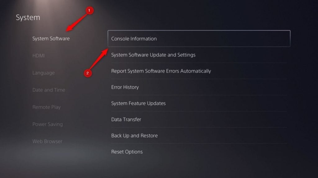 The System Software and Console information options on PS5.