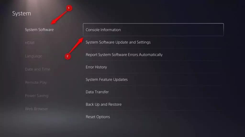 The System Software and Console information options on PS5.