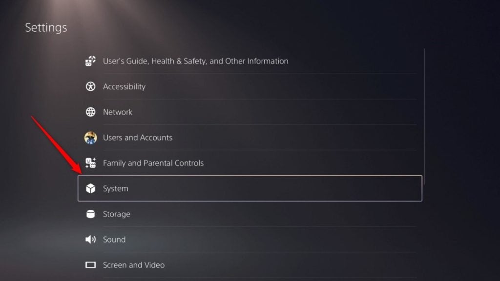 The System option on PS5.