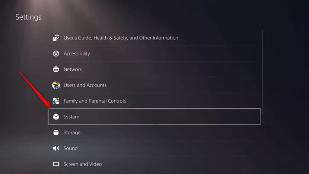 The System option on PS5.