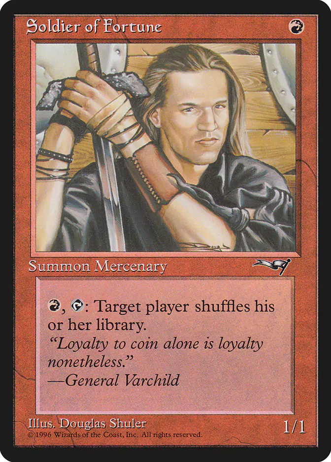 A red creature card in Magic: The Gathering that lets you shuffle your deck or force your opponent to shuffle their deck.