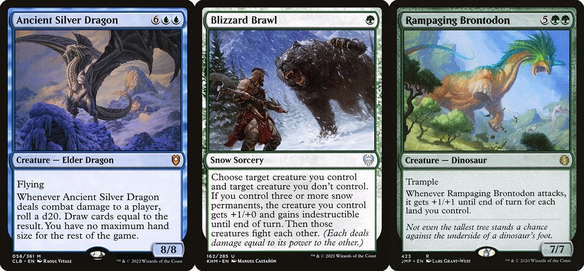 A blue creature card with eight power and eight toughness, a instant that forces two creatures to fight, and a green creature with Trample.