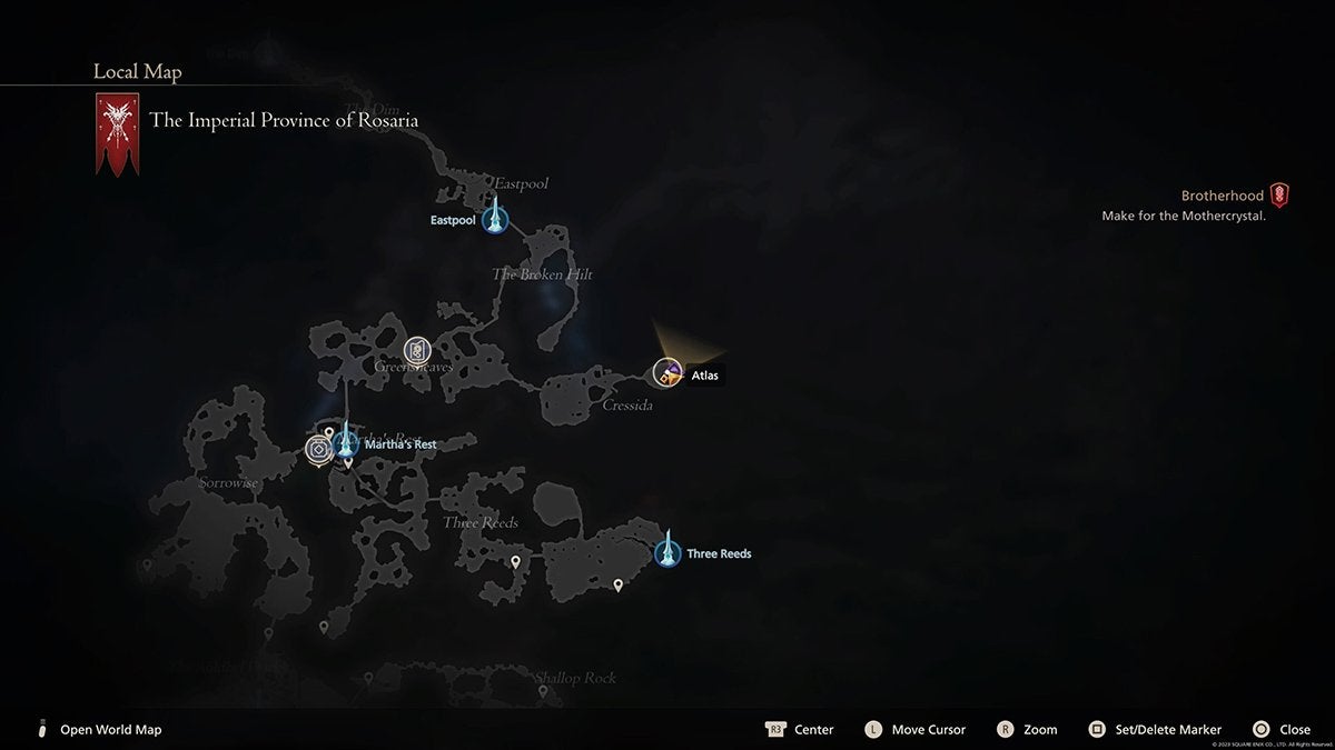 The location of Atlas, the Breaker of Worlds, on the map of Rosaria in Final Fantasy 16.