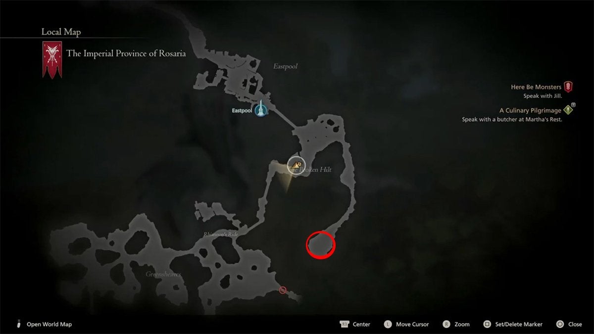 The map location of the Belphegor hunt within Rosaria marked with a red circle in Final Fantasy 16.