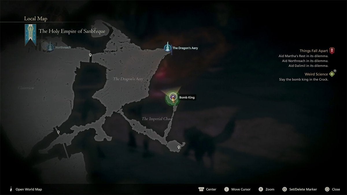The location of the Bomb King hunt in Final Fantasy 16 on the map.