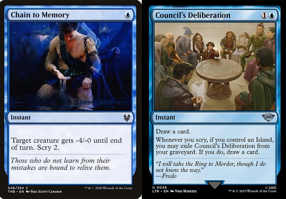 Two blue instant cards that make use of Scry in Magic: The Gathering.