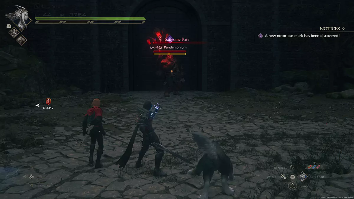 Clive confronting the Notorious Mark during the Pandemonium hunt in Final Fantasy 16.