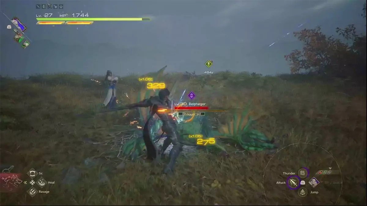 Clive hitting Belphegor while it's staggered in Final Fantasy 16.