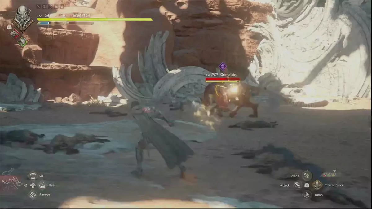 Clive fighting the Grimalkin in Final Fantasy 16.