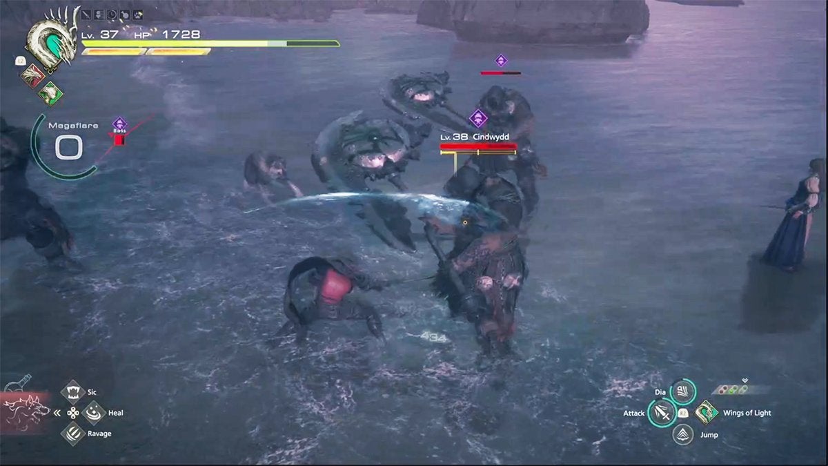 Clive fighting the Mageth Brothers on a beach at sunset in Final Fantasy 16.
