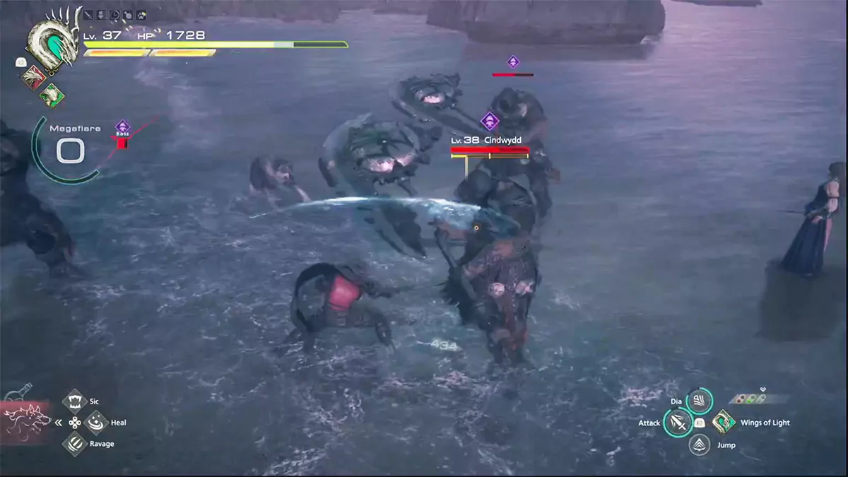 Clive fighting the Mageth Brothers on a beach at sunset in Final Fantasy 16.
