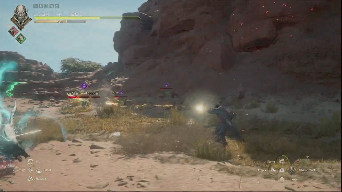 Clive shooting stone magic bolts at a group of large flying insects in Final Fantasy 16.