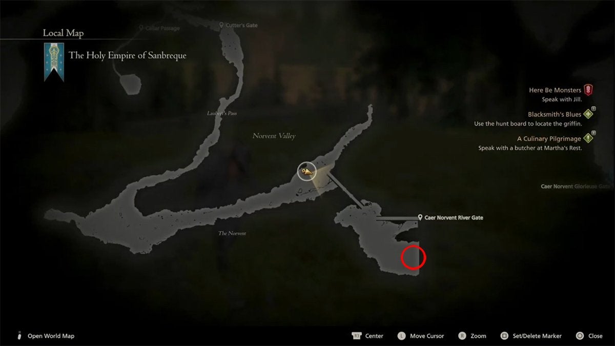 A red circle on the map of the Sanbreque region in Final Fantasy 16 showing where the Dozmare hunt is located.