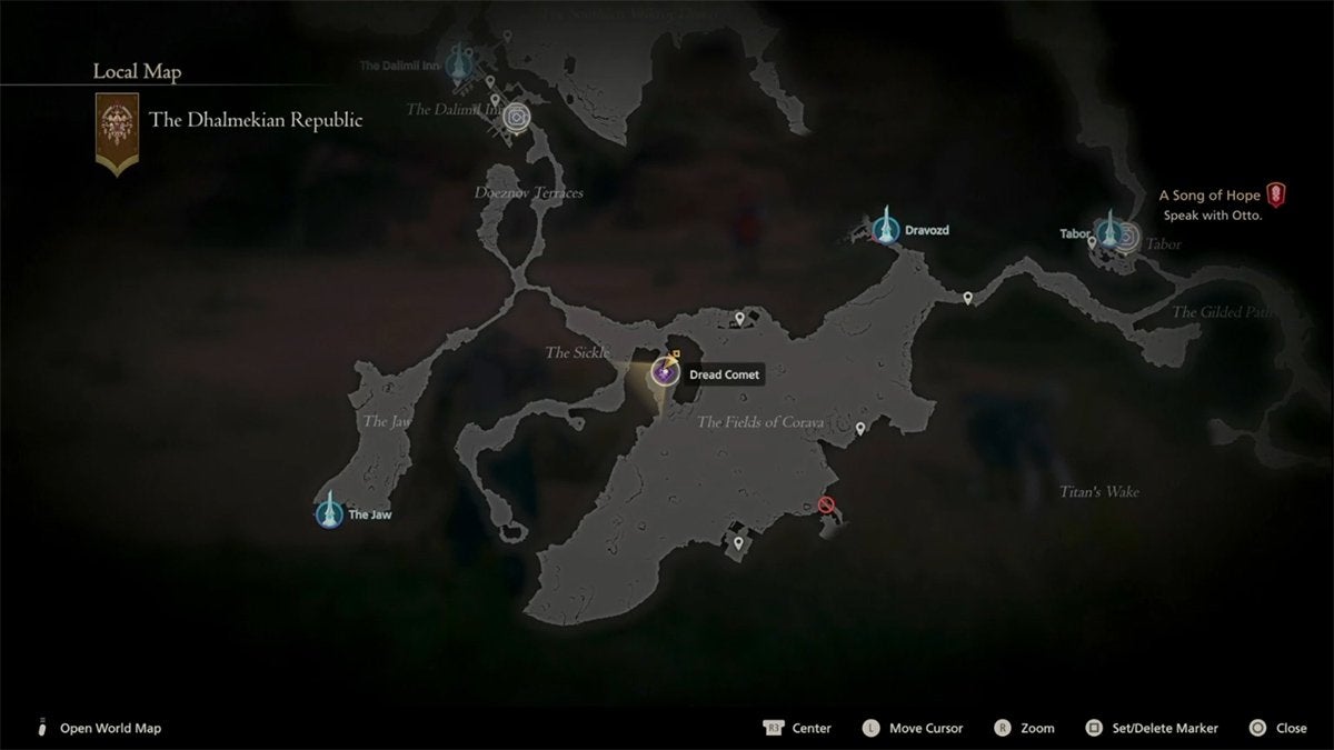 The location of the Dread Comet hunt on the Final Fantasy 16 map of the Dhalmekian Republic.