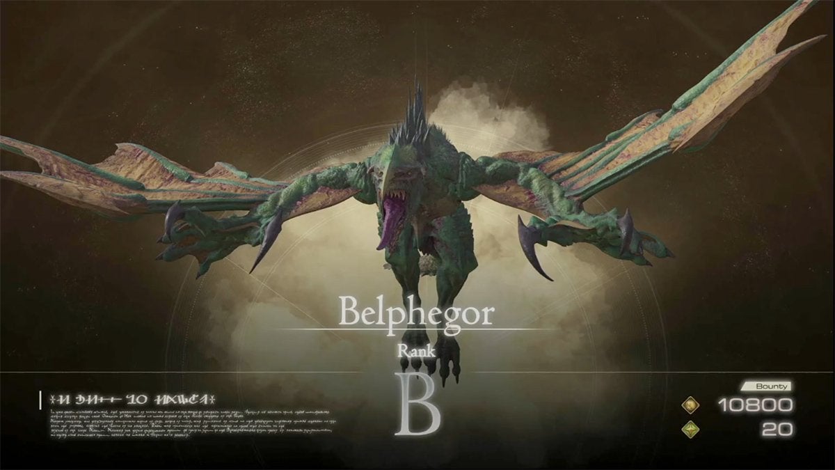 The Notorious Mark appearance of the target during the Belphegor hunt in Final Fantasy 16.