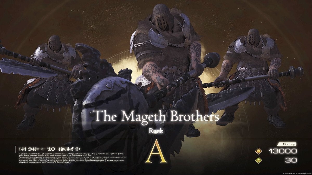 The Notorious Mark appearance during the Mageth Brothers hunt in Final Fantasy 16.