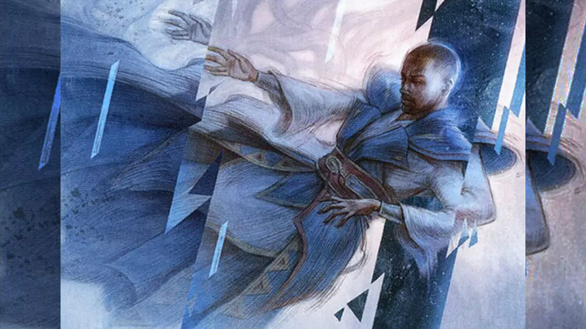 Card art from a blue instant called Desynchronize.