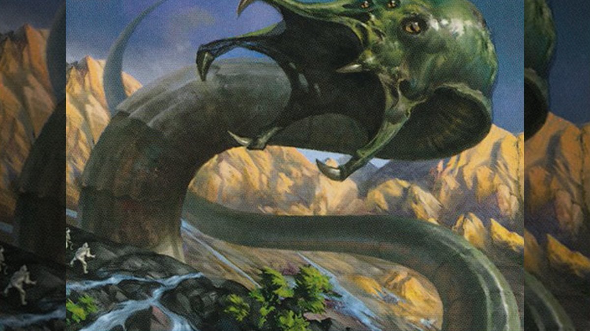 Art from the green creature card "Pelakka Wurm," which has the ability Trample in Magic: The Gathering.