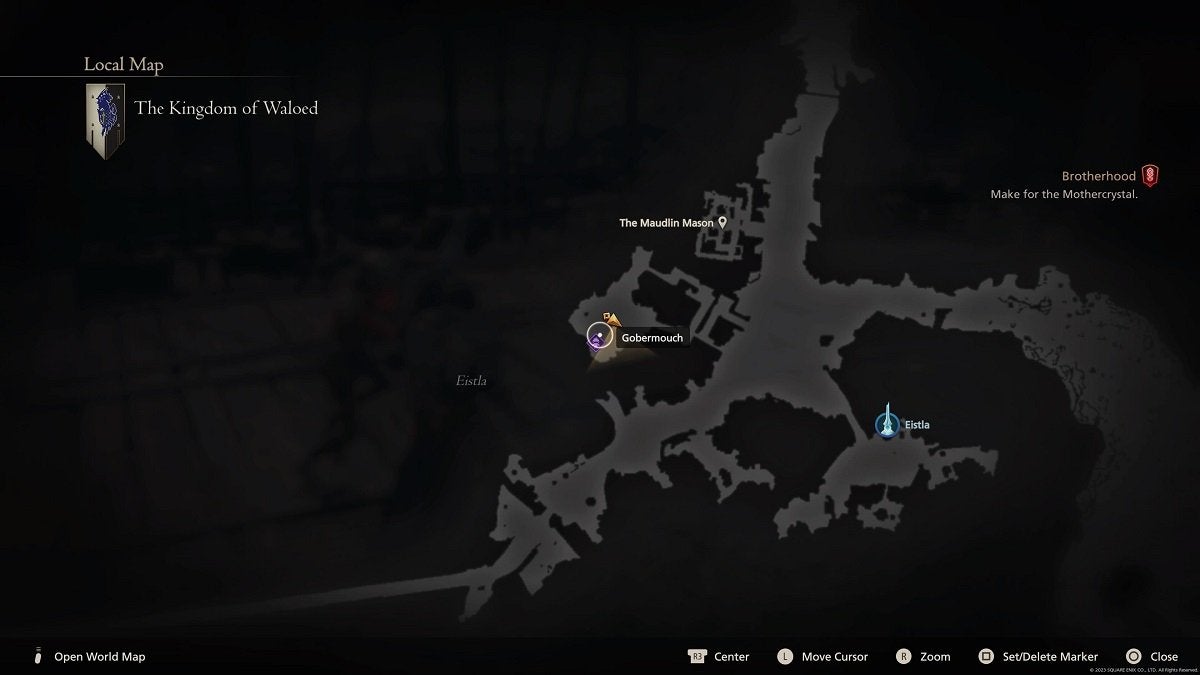 Gobermouch's location shown on the map of the Kingdom of Waloed in Final Fantasy 16.