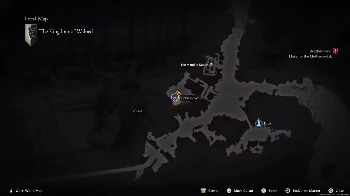 Gobermouch's location shown on the map of the Kingdom of Waloed in Final Fantasy 16.