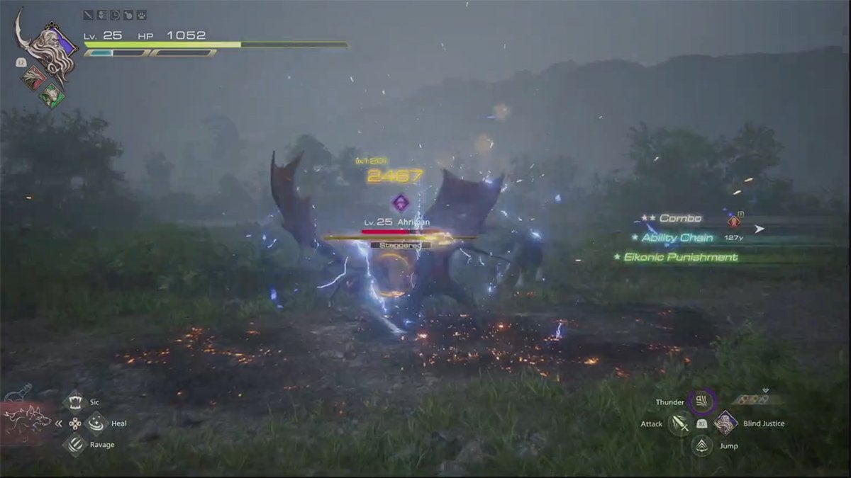 The player hitting Ahriman with an electric ability in Final Fantasy 16.