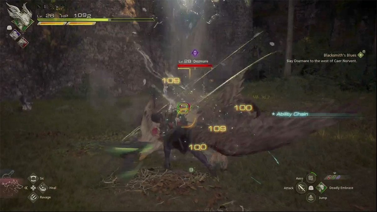 Clive attacking a semi-staggered griffin named Dozmare in Final Fantasy 16.